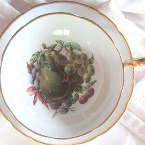 Regency Tea Cup and Saucer, Soft Blue Fabulous Hand Painted Fruit Gold Gilt I247